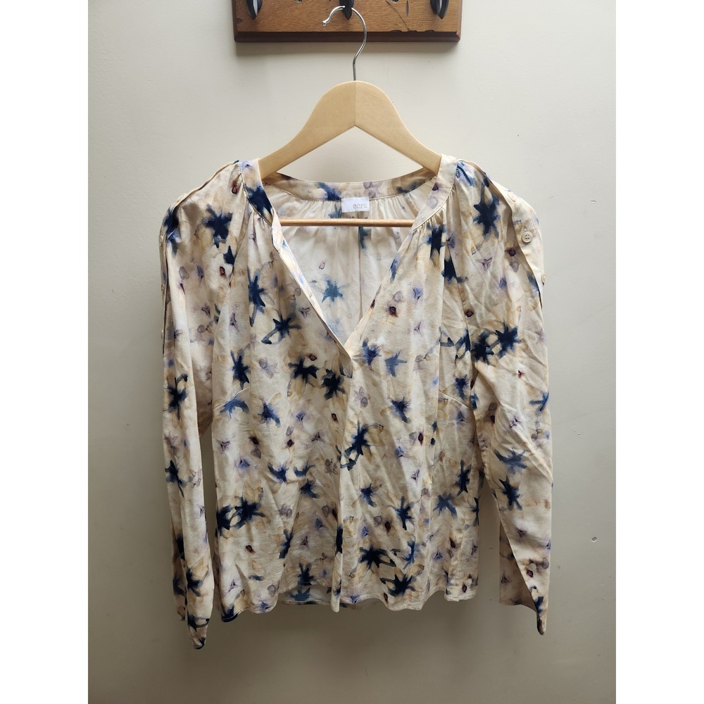 Ecru Women's M‎ V Neck Long Sleeve Button Detail Artistic Print Top